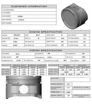 CUSTOM Mitsubishi pistons for 2.0L, 4B11T, 9:1 Comp Ratio, 3.4842 Bore, 86MM Stroke, 5.659 Rod Length
