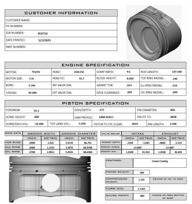 CUSTOM Toyota pistons for 2GR-FSE, 3.5L 9:1 Comp ratio, 3.740 Bore, 83mm Stroke, 147.05mm Rod Length