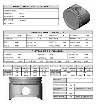 CUSTOM: Toyota 1FZ-FE, 9:1 Comp Ratio, 3.940 Bore, 3.740 Stoke, 6.063 Rod length